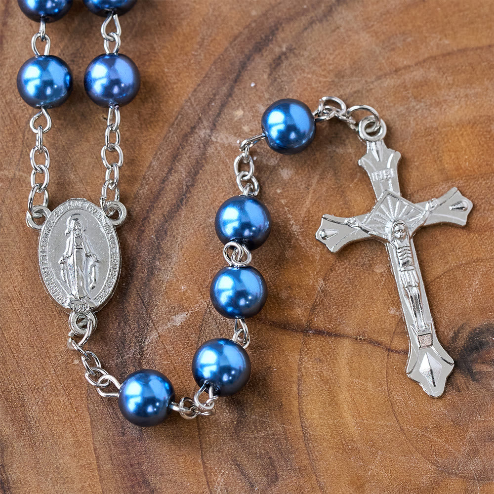 Royal Blue Pearl Beads Rosary with Holy Mother Medal & Crucifix