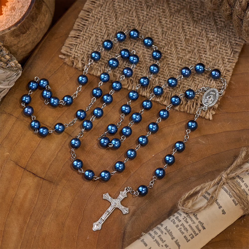 Royal Blue Pearl Beads Rosary with Holy Mother Medal & Crucifix