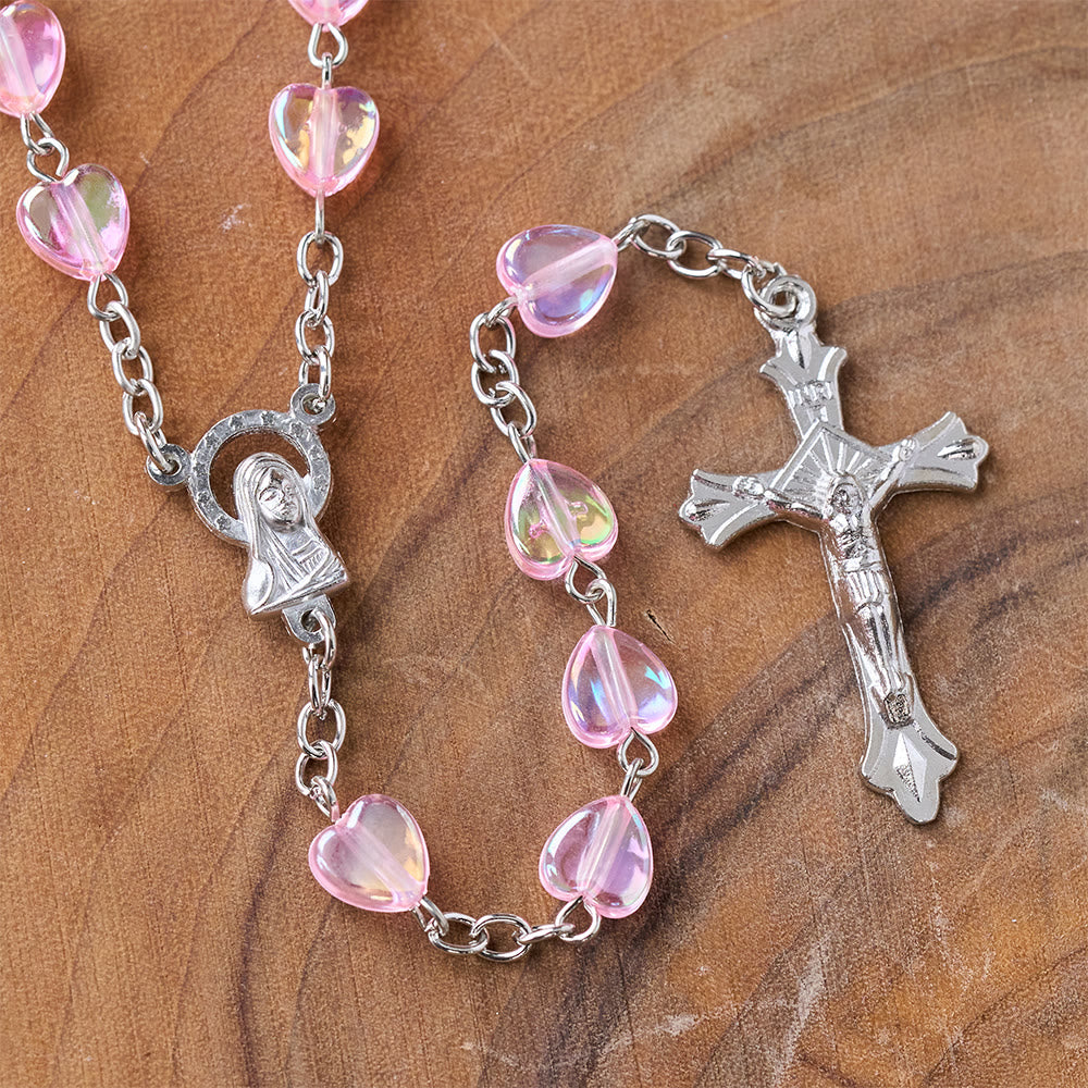 Pink Clear Shiny Heart Prayer Rosary