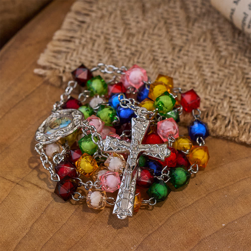 Our Lady of Peace & Crucifix of 8 mm Polyhedron Multicolor Acrylic Alloy Chain Rosary