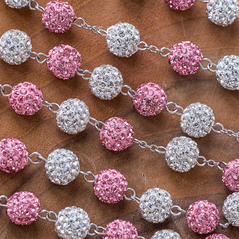 Our Lady of Guadalupe & Crucifix of 10 mm Round Pink White Polymer Clay Alloy Chain Rosary