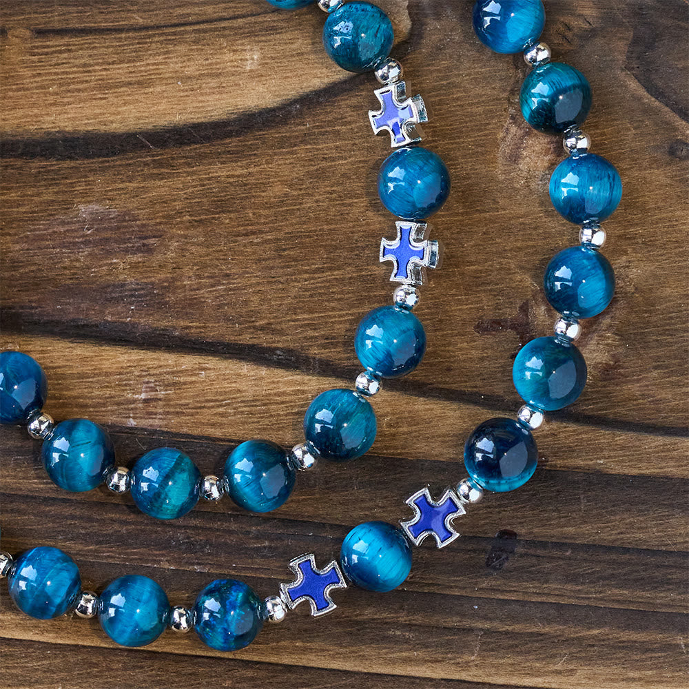 Shimmering Blue Tiger Eye Rosary with Enamel Cross for Prayerful Reflection