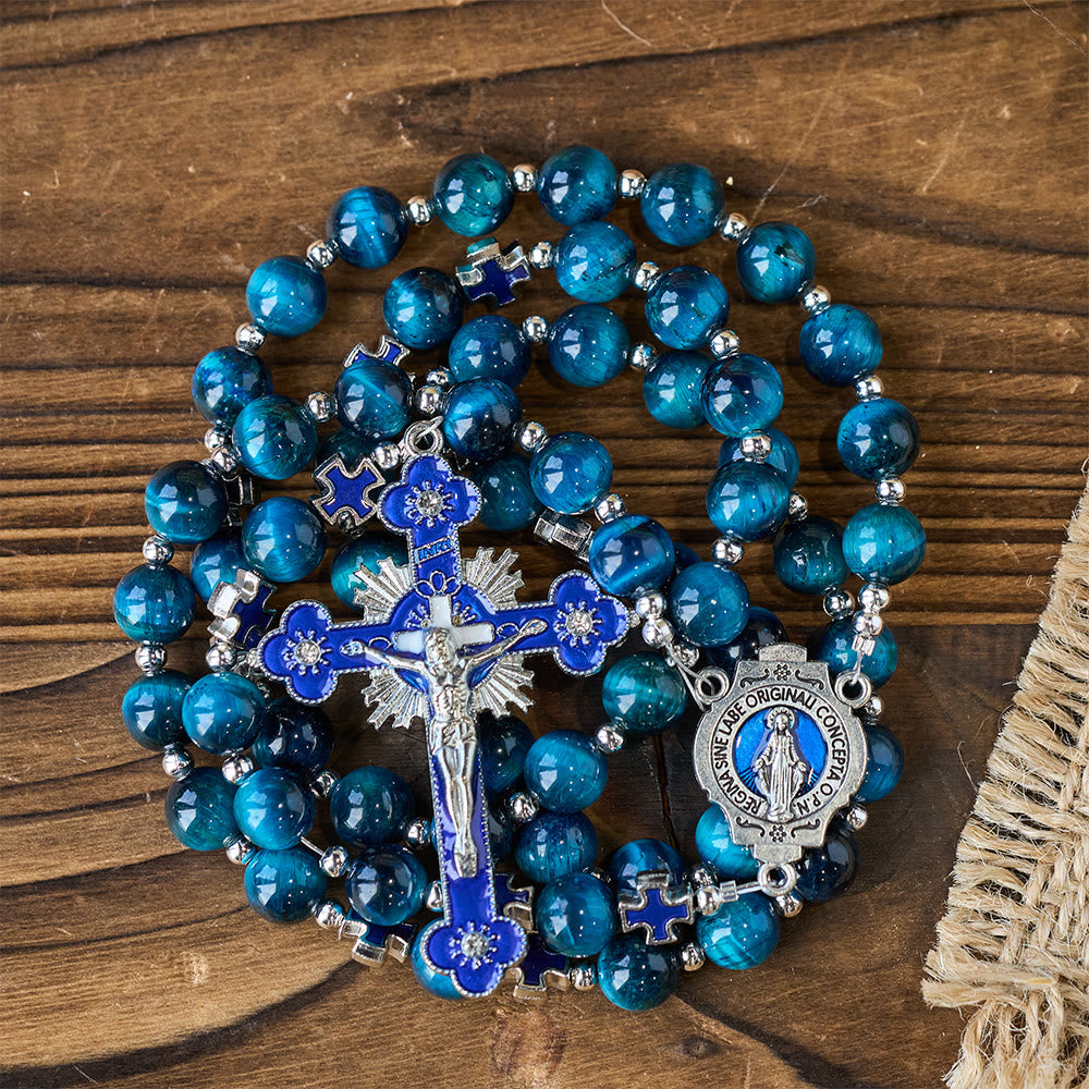 Shimmering Blue Tiger Eye Rosary with Enamel Cross for Prayerful Reflection