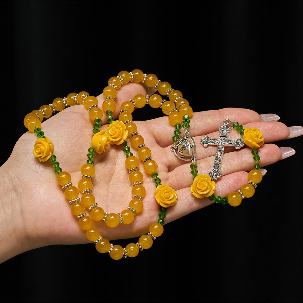 Easter Yellow Jade & Rose Bead Garden of Faith Rosary with Delicate Cross
