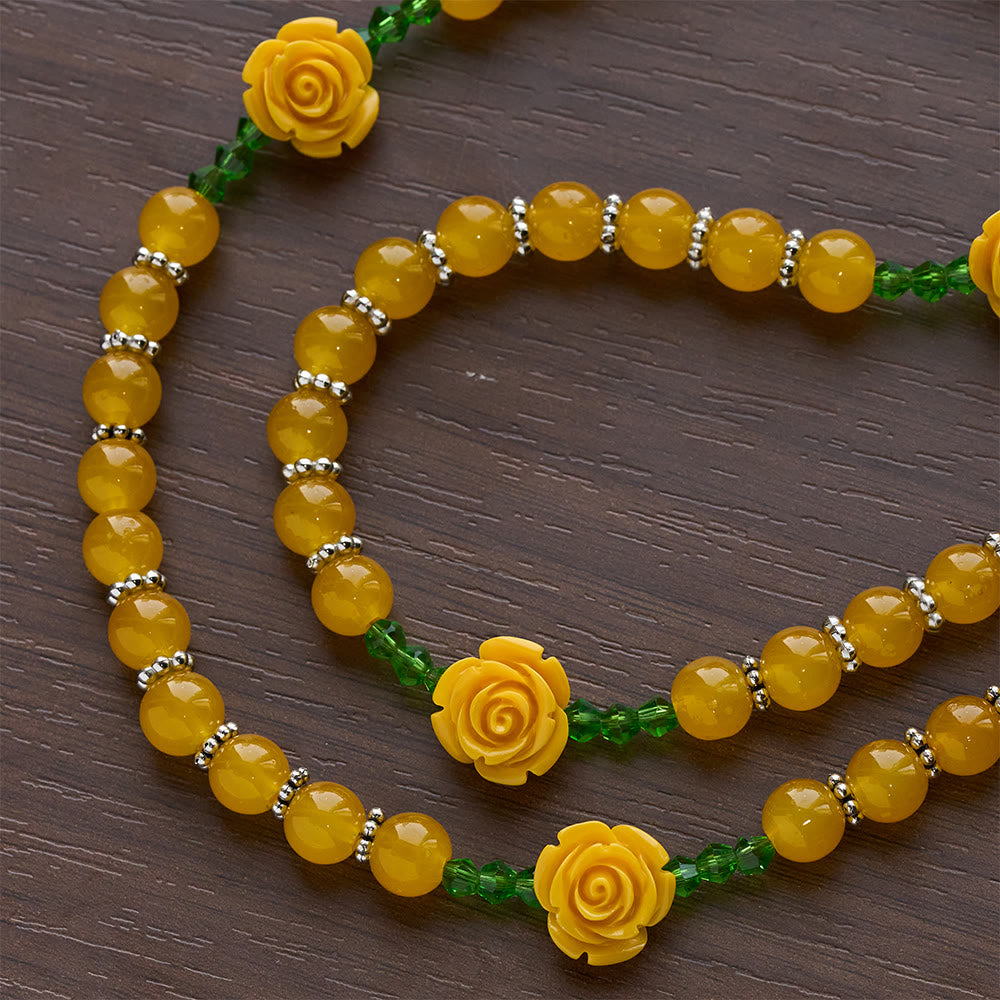 Easter Yellow Jade & Rose Bead Garden of Faith Rosary with Delicate Cross