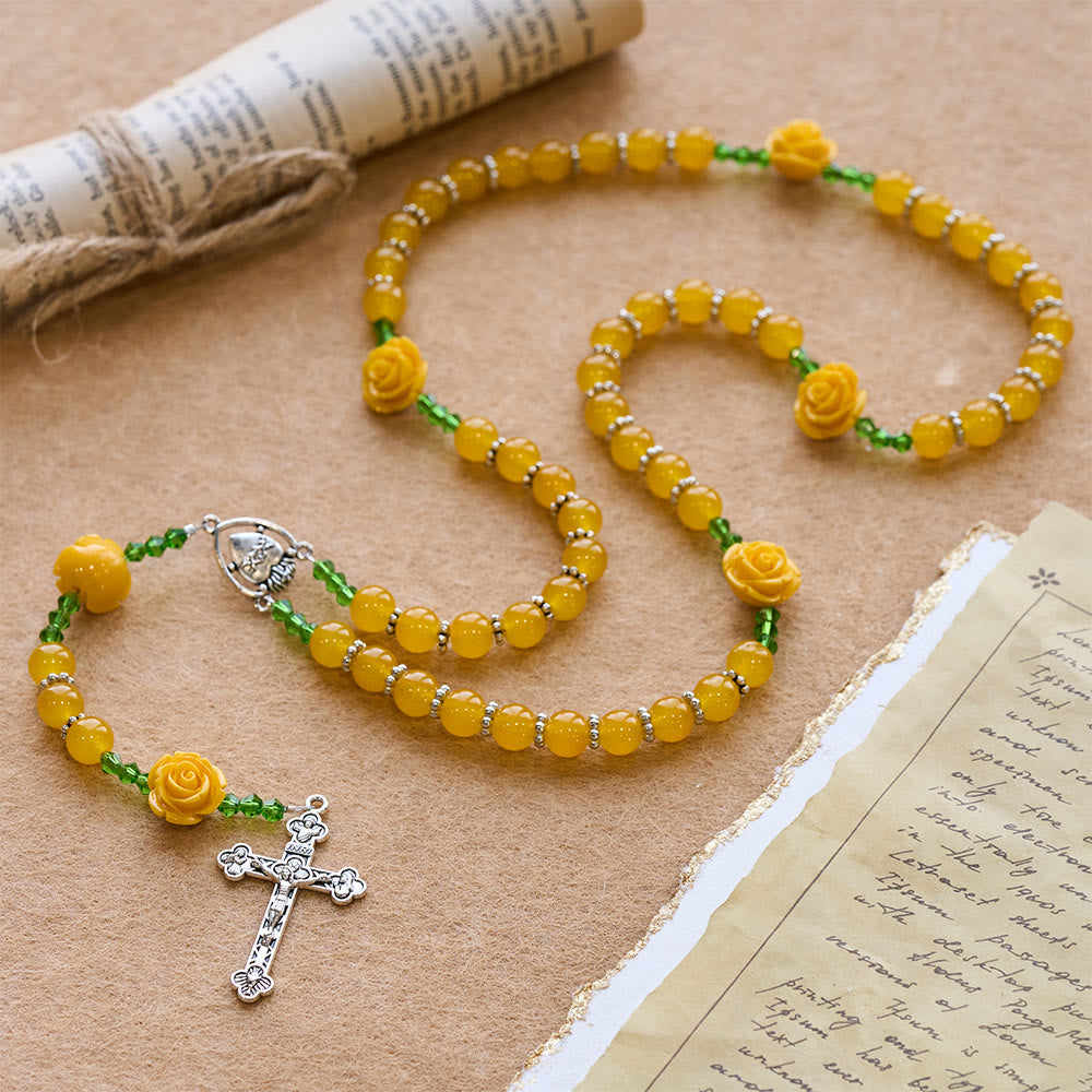 Easter Yellow Jade & Rose Bead Garden of Faith Rosary with Delicate Cross