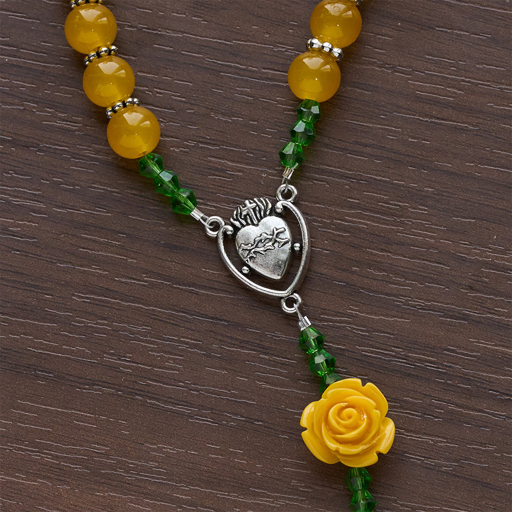 Easter Yellow Jade & Rose Bead Garden of Faith Rosary with Delicate Cross