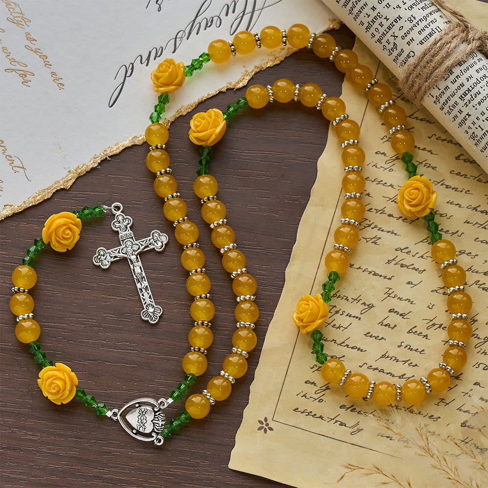Easter Yellow Jade & Rose Bead Garden of Faith Rosary with Delicate Cross