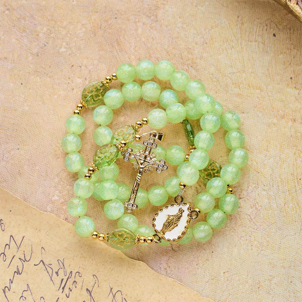 Celtic Blessing Shimmering Green Rosary: Lucky Shamrock with Golden Charm