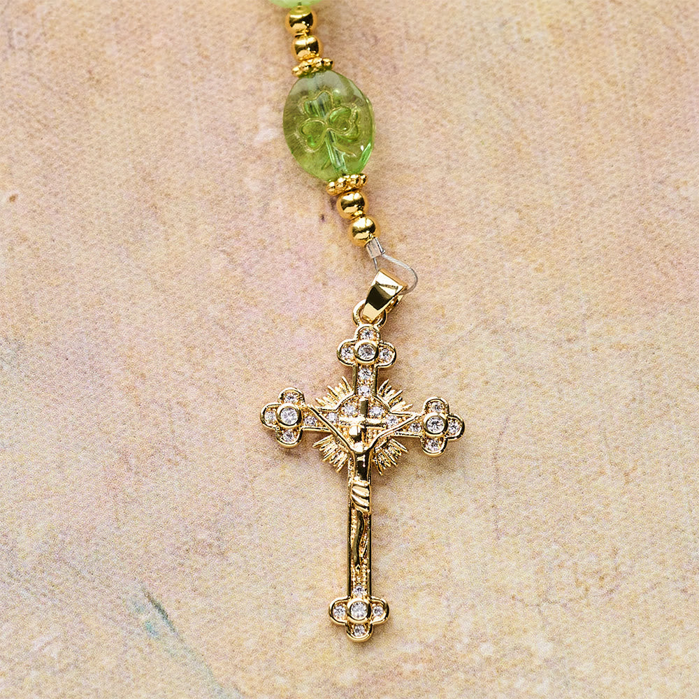 Celtic Blessing Shimmering Green Rosary: Lucky Shamrock with Golden Charm