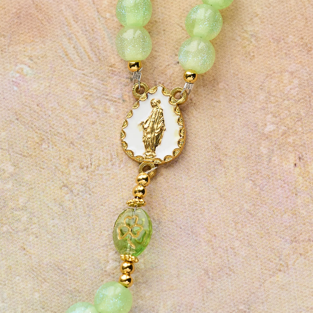 Celtic Blessing Shimmering Green Rosary: Lucky Shamrock with Golden Charm