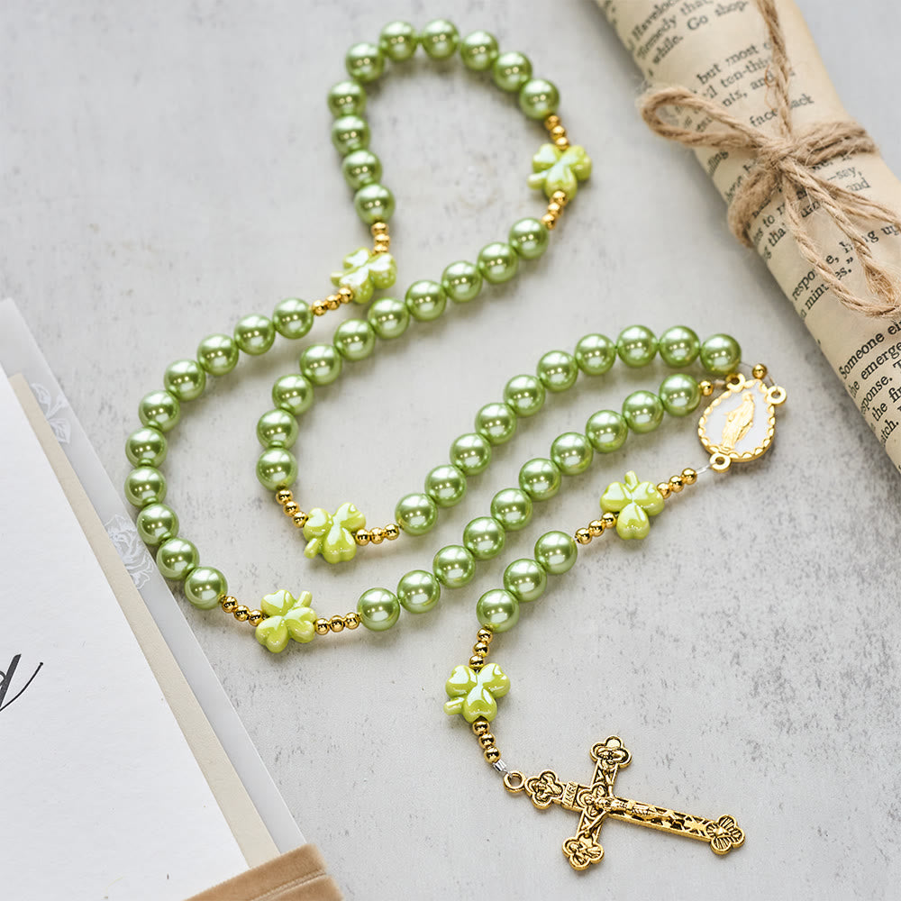 St. Patrick's Green Rosary with Lucky Ceramic Clover with Our Lady Center
