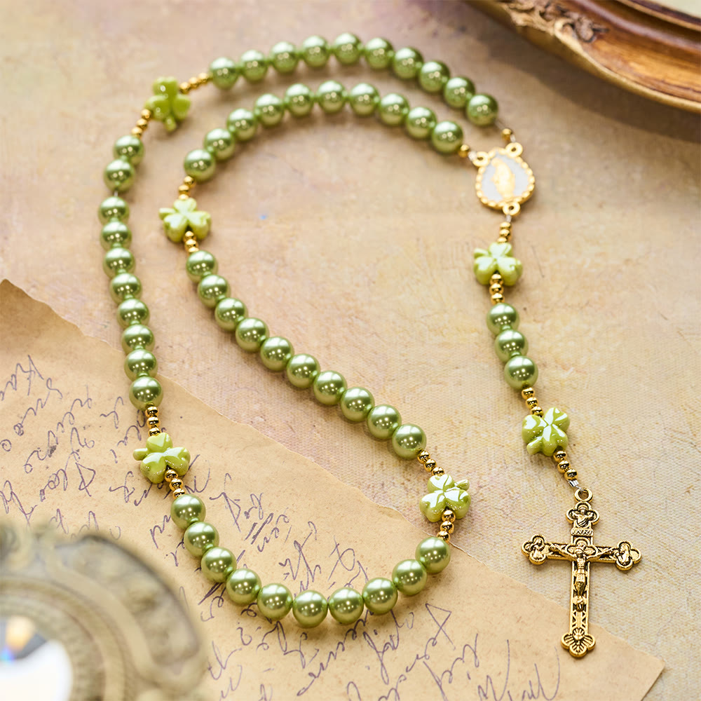 St. Patrick's Green Rosary with Lucky Ceramic Clover with Our Lady Center