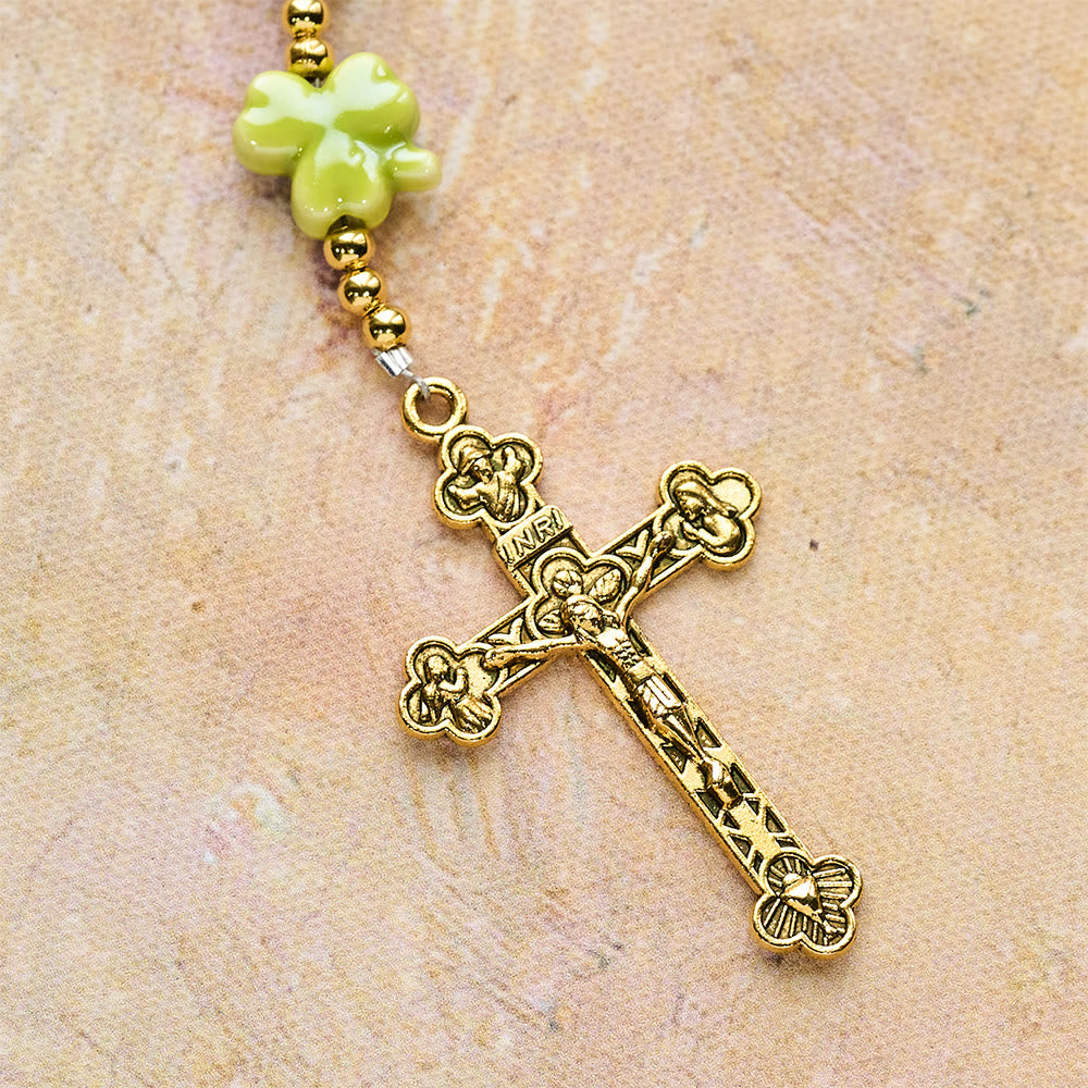 St. Patrick's Green Rosary with Lucky Ceramic Clover with Our Lady Center
