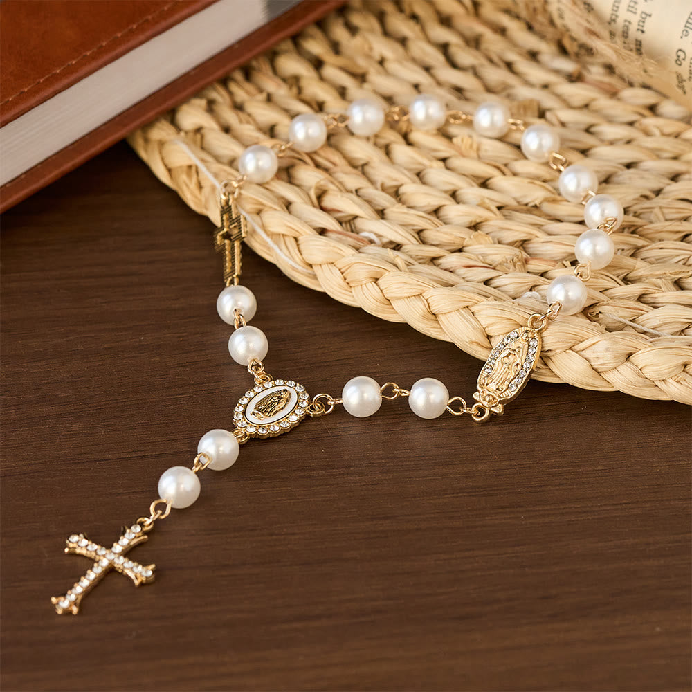 Elegant White Bead Rosary with Zircon Cross: A Timeless Symbol of Devotion and Grace
