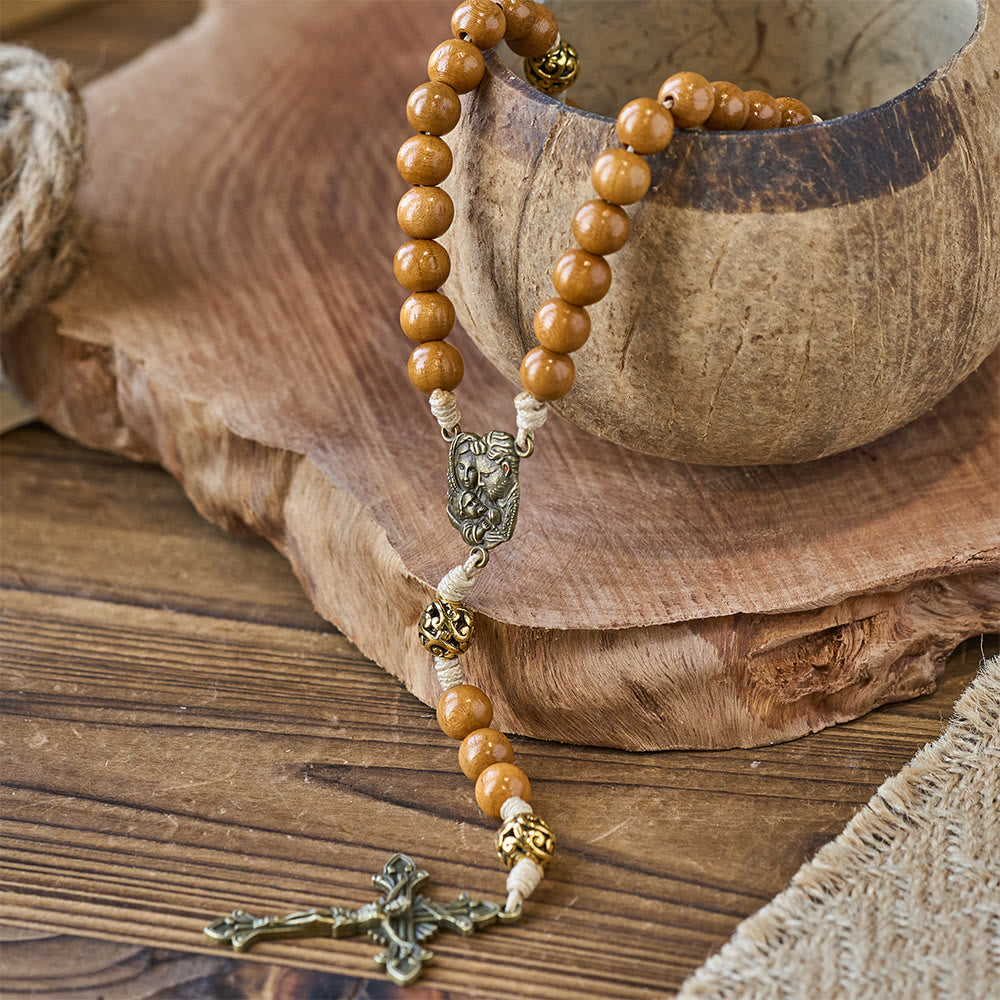 Holy Family & Crucifix of 10mm Olive Wood Bead Handmade Rosary for Holy Prayer