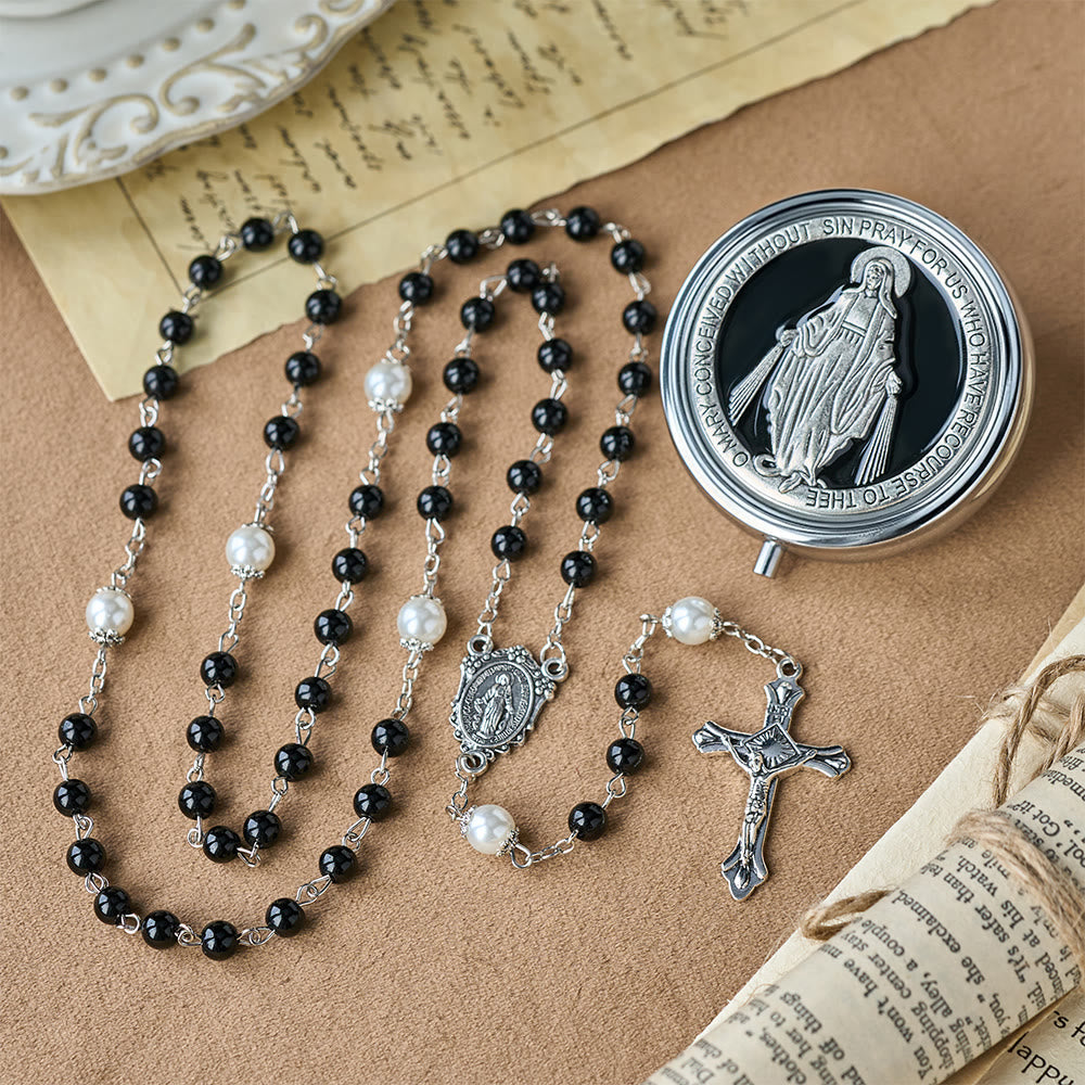 Devotional Rosary with Storage Box: Our Lady Medal and Crucifix for Prayerful Reflection