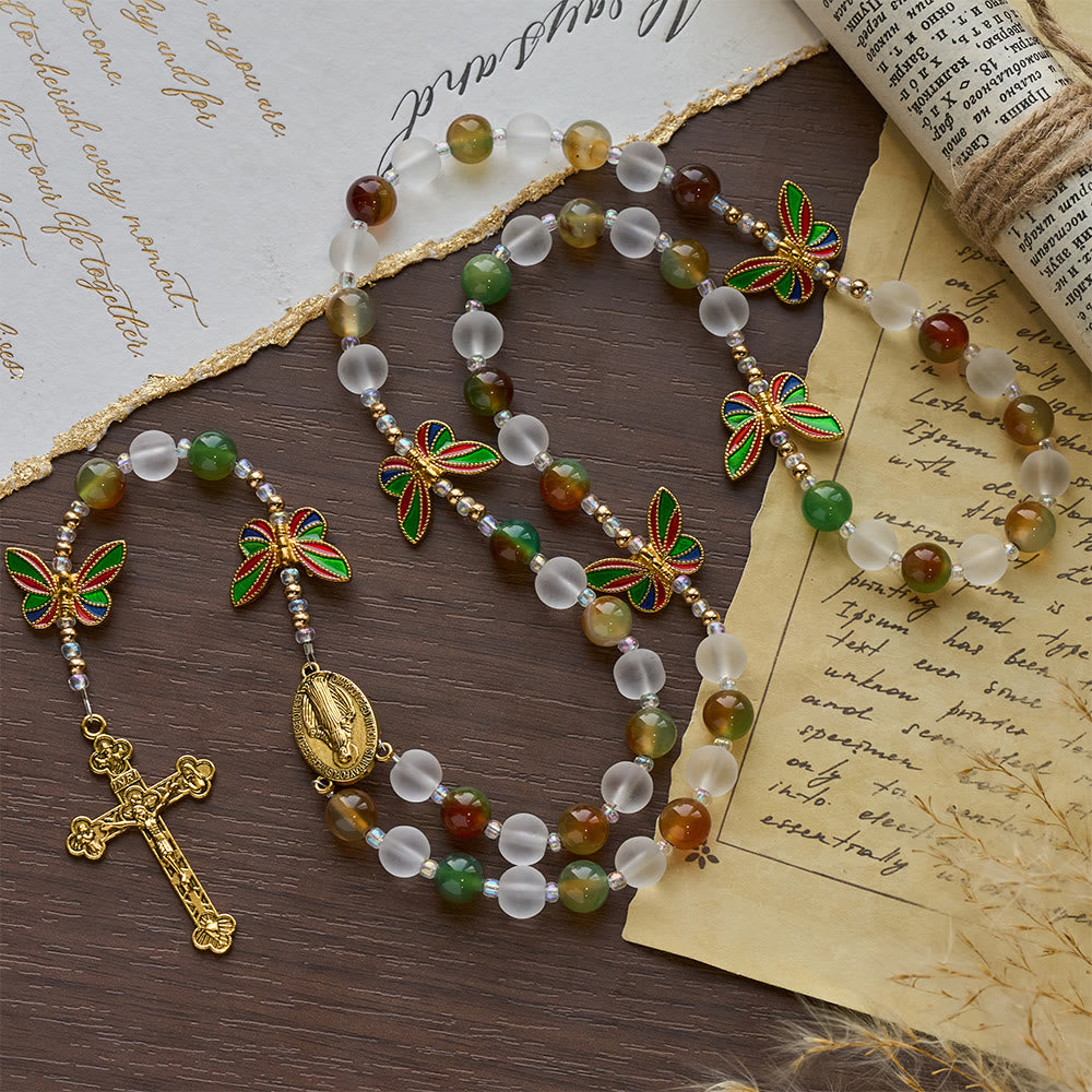 Natural Malachite with Enamel Butterfly Rosary: Butterfly of Faith