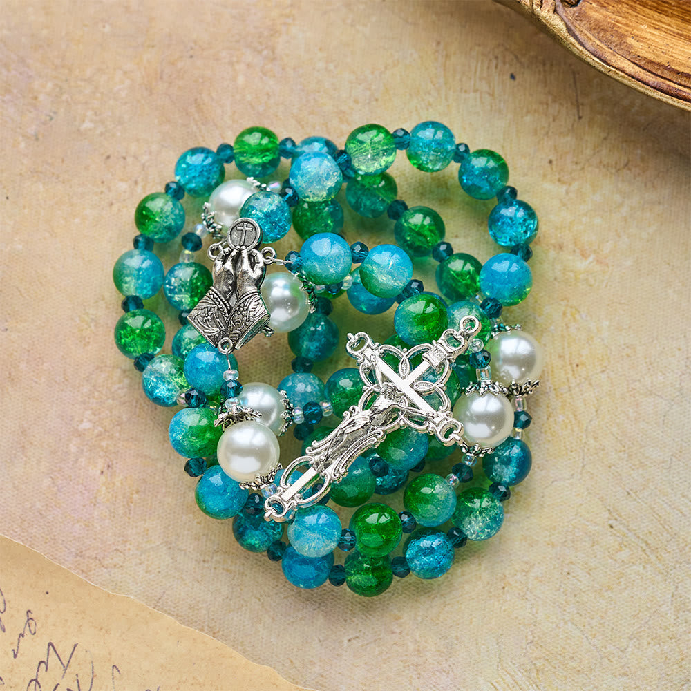 Blue Green Gradient Glass Rosary with Praying Hands & Crucifix