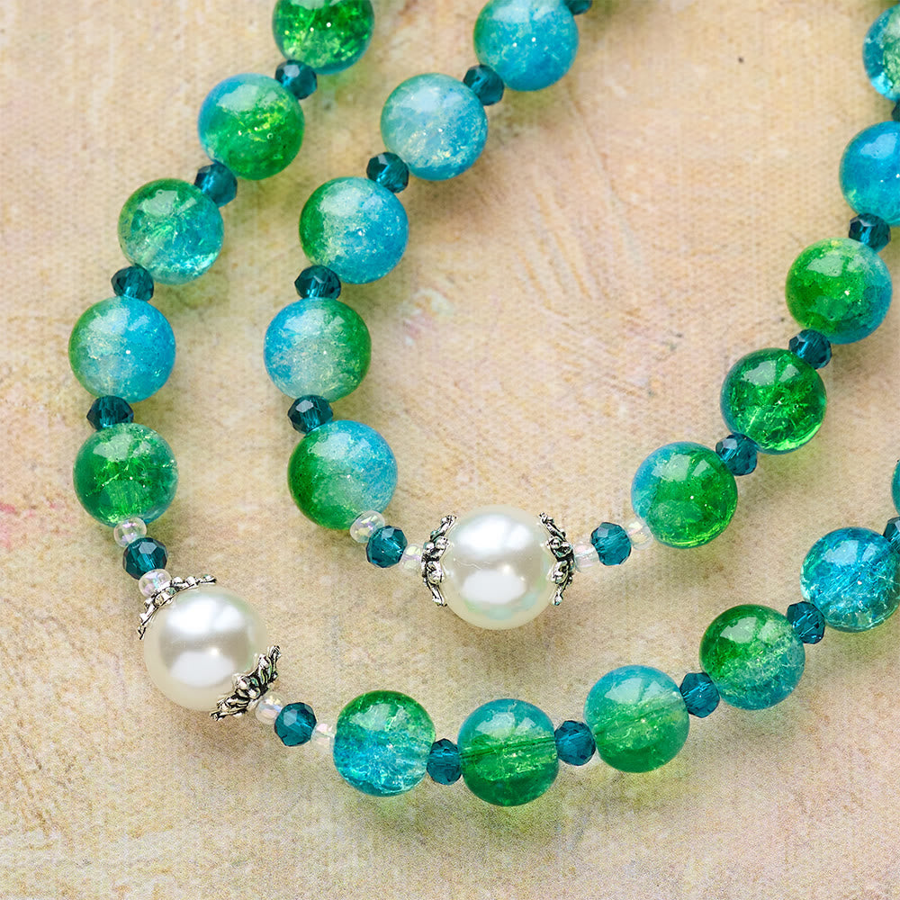 Blue Green Gradient Glass Rosary with Praying Hands & Crucifix