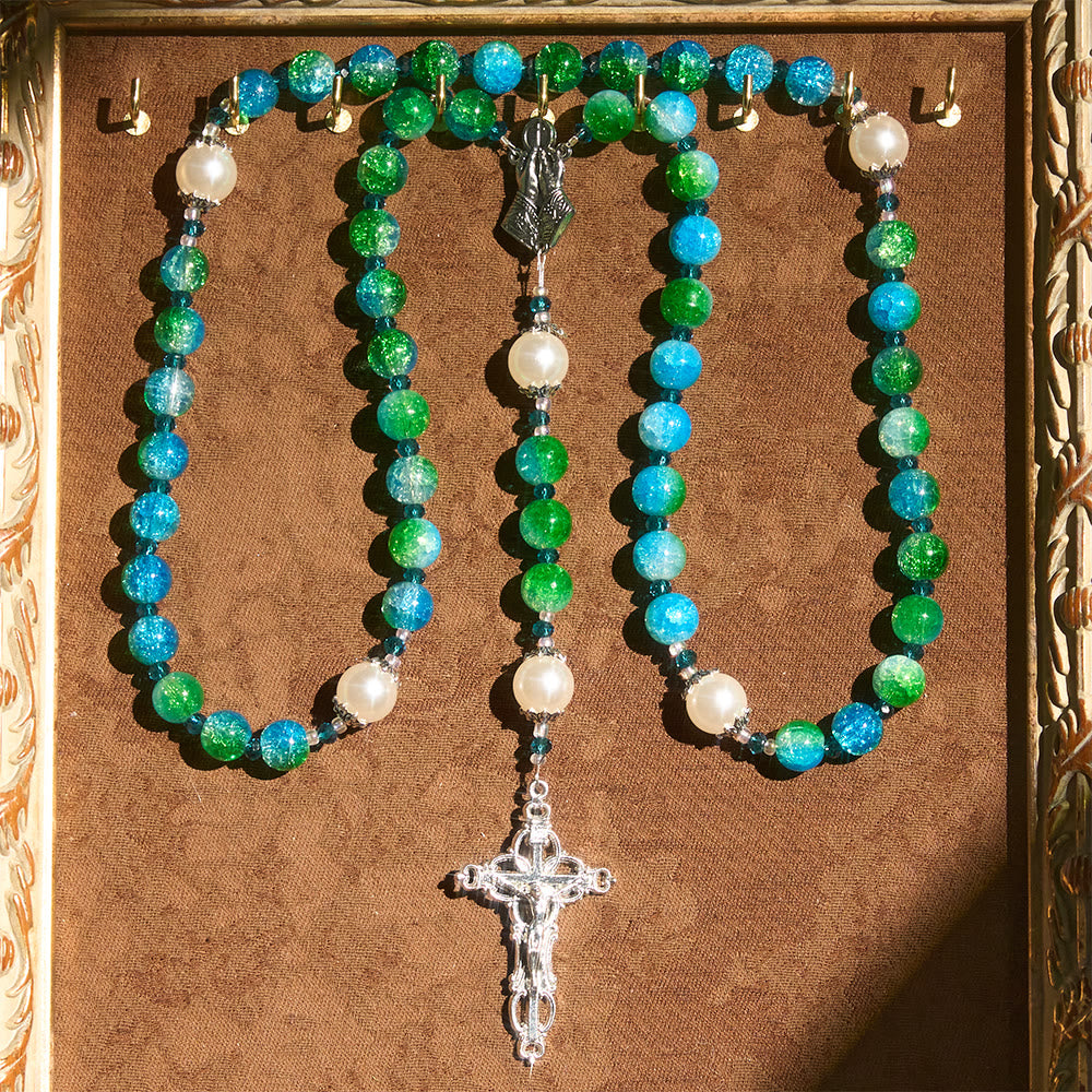 Blue Green Gradient Glass Rosary with Praying Hands & Crucifix