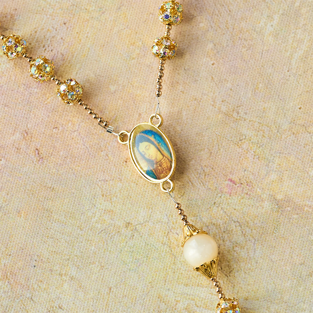 Sparkling Golden Beads Luxury Rosary with Our Lady of Grace