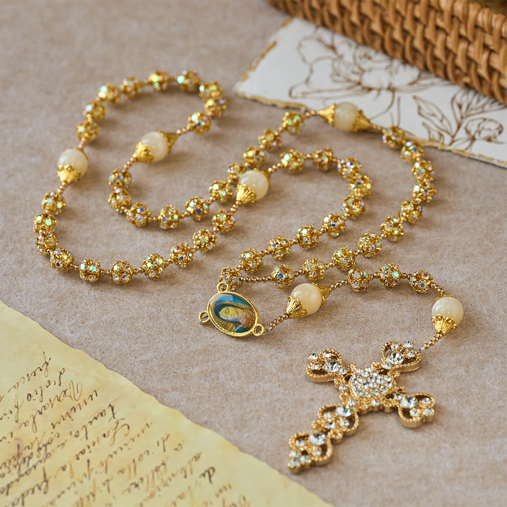 Sparkling Golden Beads Luxury Rosary with Our Lady of Grace