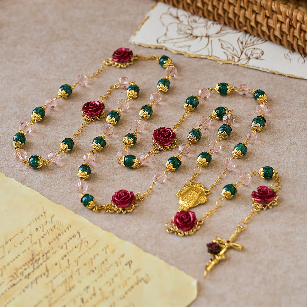 Sparkling Green & Pink Beads Red Rose Rosary with Our Lady Charm