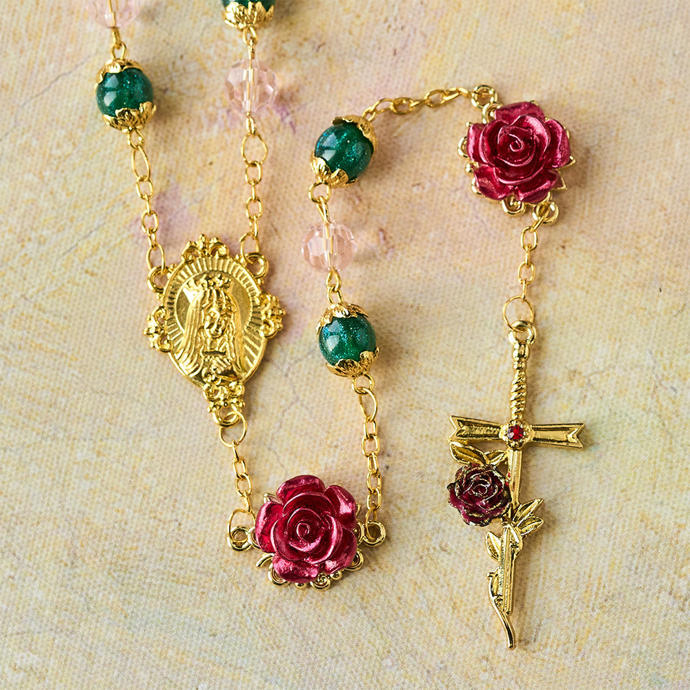Sparkling Green & Pink Beads Red Rose Rosary with Our Lady Charm