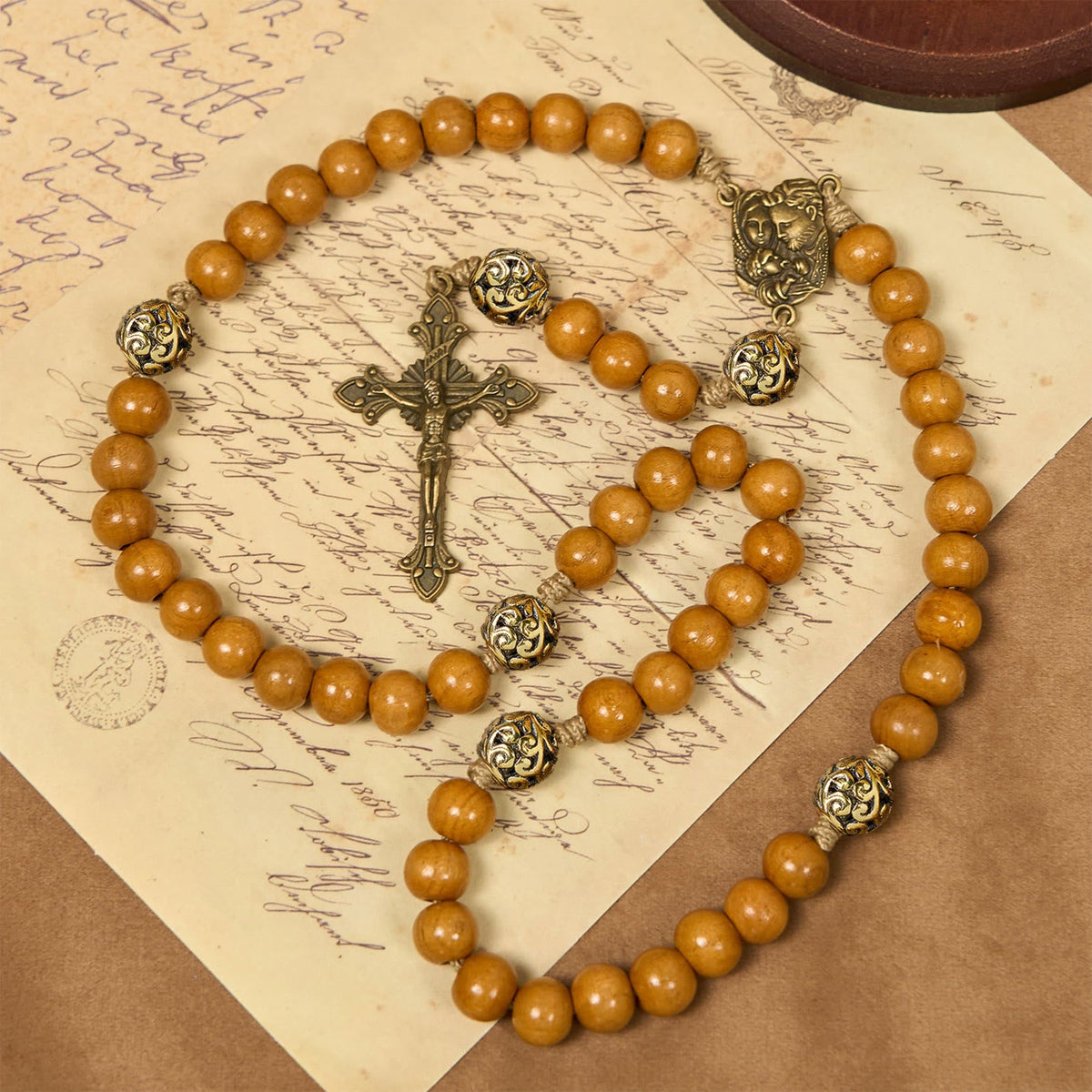 Holy Family & Crucifix of 10mm Olive Wood Bead Handmade Rosary for Holy Prayer