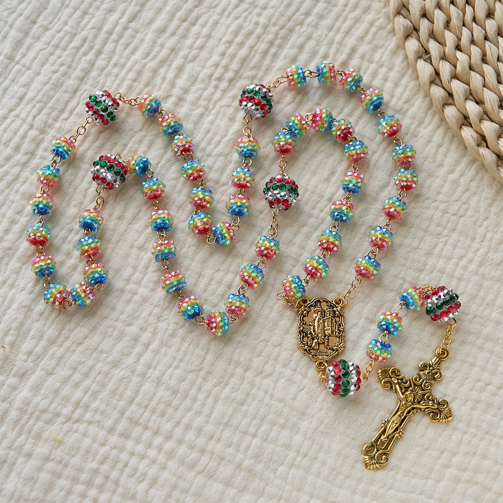 Christmas Rainbow Beads Rosary with Golden Cross: Devotion & Vibrant Faith