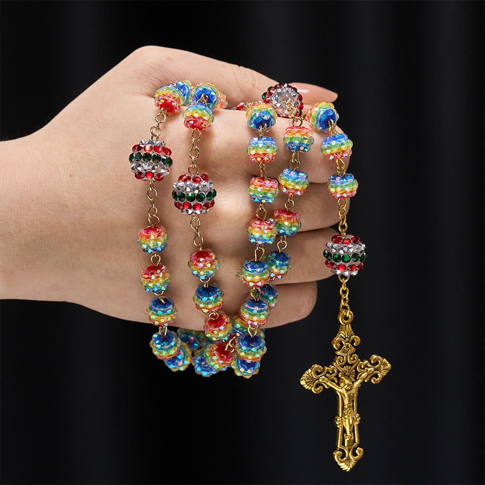Christmas Rainbow Beads Rosary with Golden Cross: Devotion & Vibrant Faith