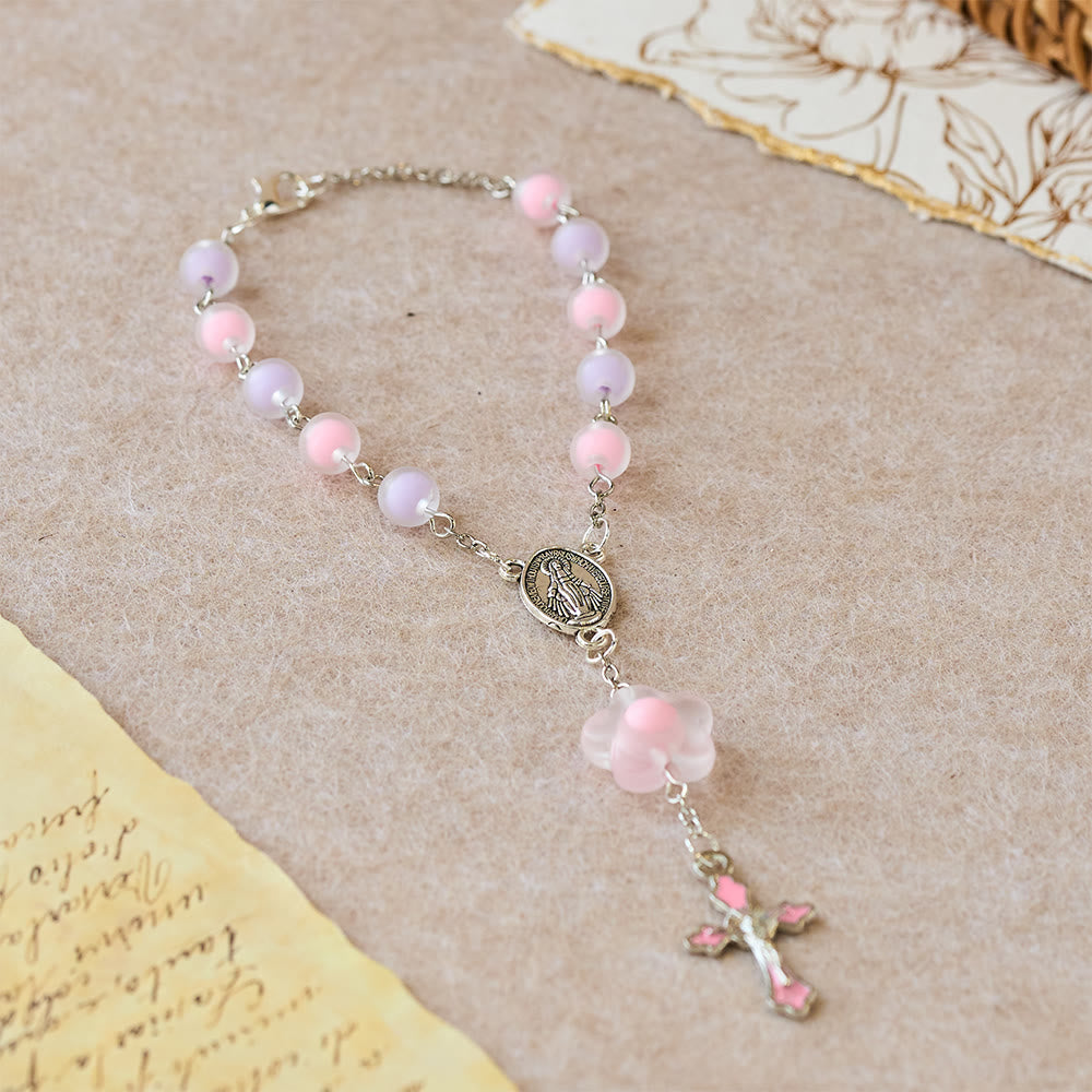 3-Style Pastel Pocket Rosary with Flower Charm: Silver-Toned Crucifix for Marian Prayer