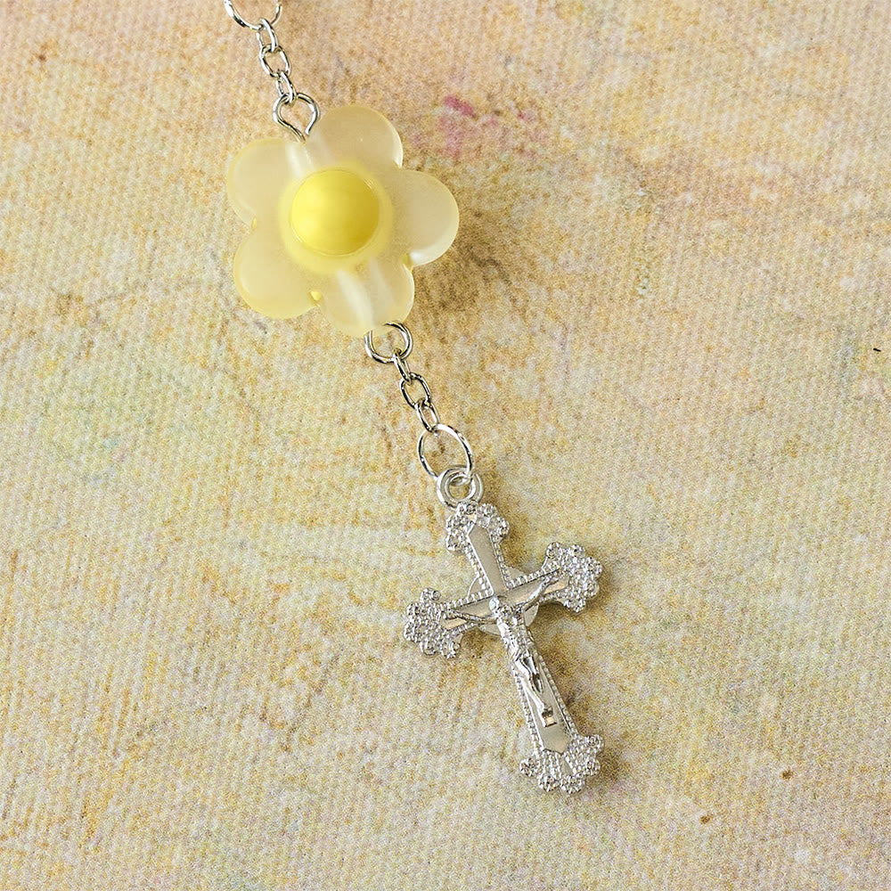 3-Style Pastel Pocket Rosary with Flower Charm: Silver-Toned Crucifix for Marian Prayer