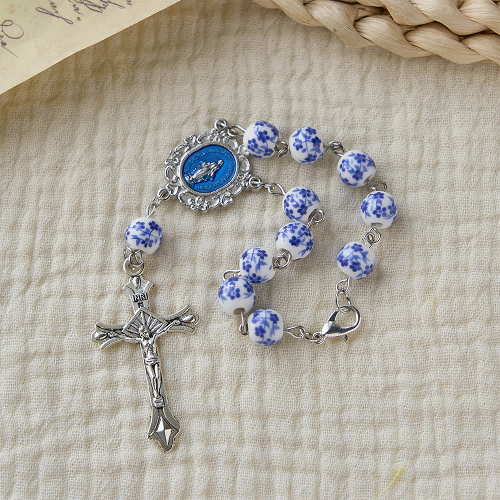 Blue Flower Ceramic Auto Rosary: A Symbol of Marian Protection for Car
