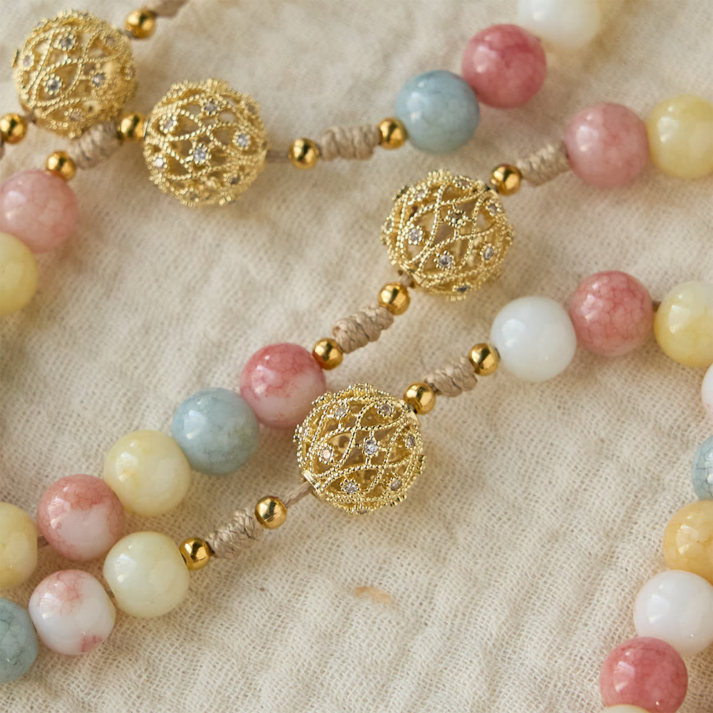 Pastel Hue Rosary with Gold Filigree: Enamel Our Lady Medallion Design