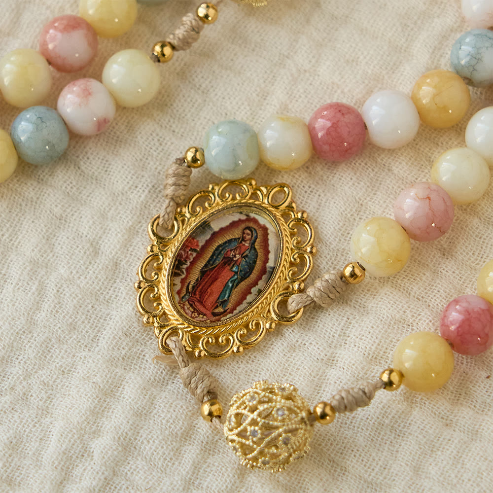Pastel Hue Rosary with Gold Filigree: Enamel Our Lady Medallion Design