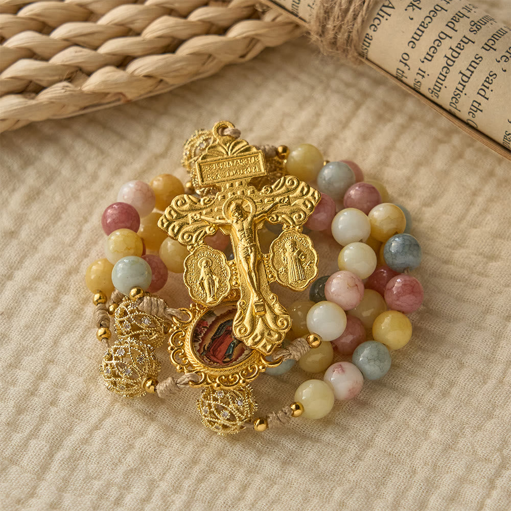 Pastel Hue Rosary with Gold Filigree: Enamel Our Lady Medallion Design