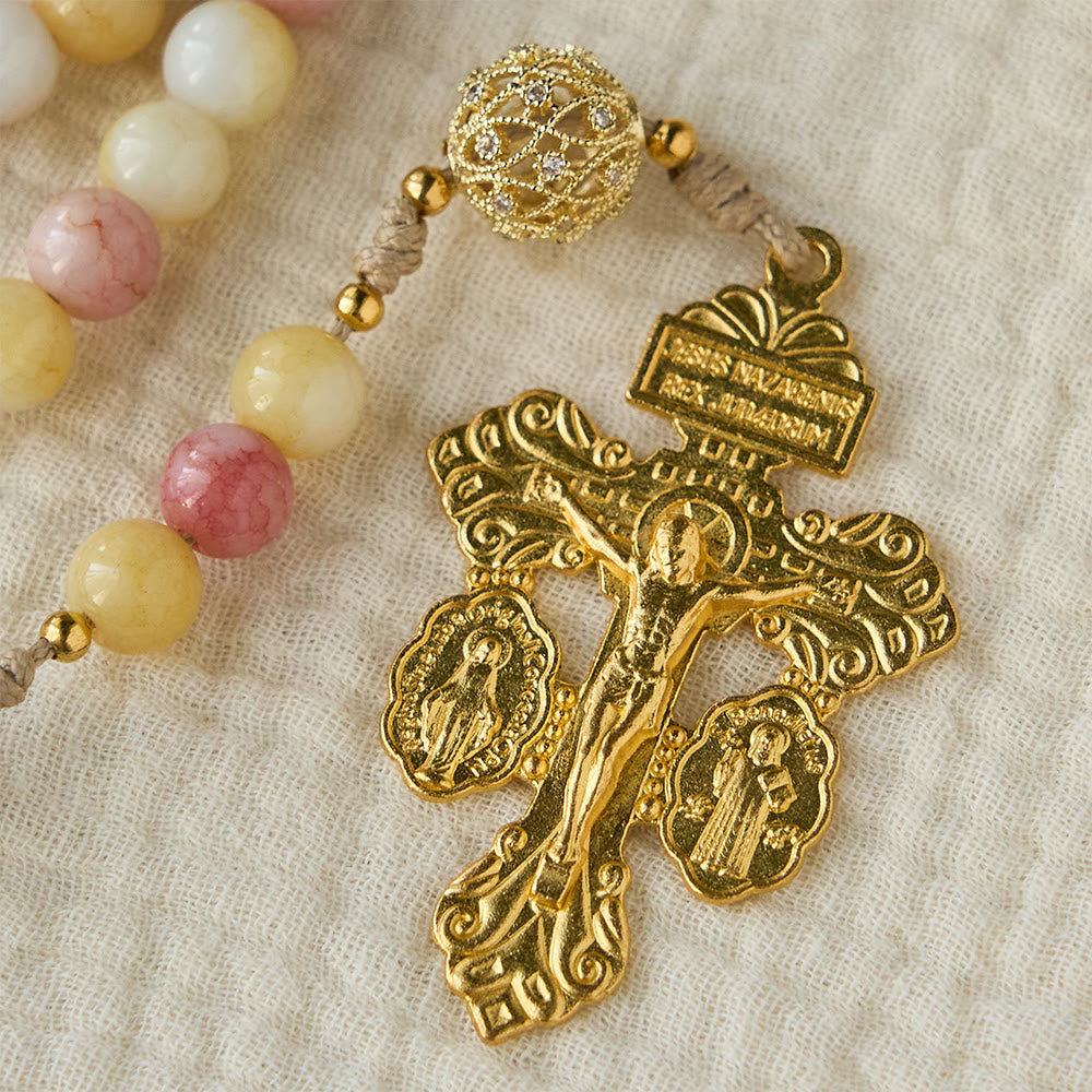 Pastel Hue Rosary with Gold Filigree: Enamel Our Lady Medallion Design