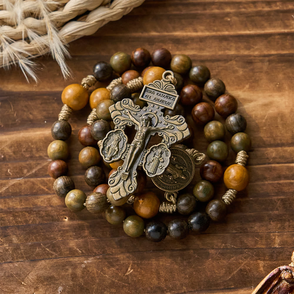 Sandalwood Beads Rosary with St. Benedict & Crucifix: Bronze Medallion Design