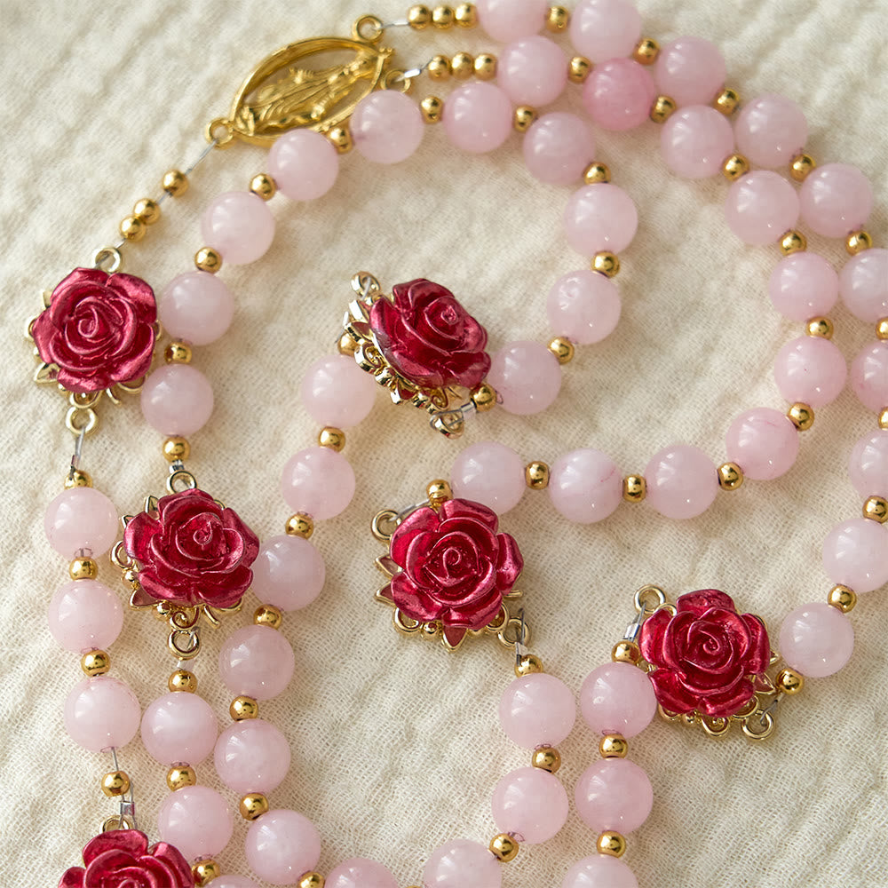 Rose Quartz Rosary with Enamel Roses: A Symbol of Faith & Unfailing Love