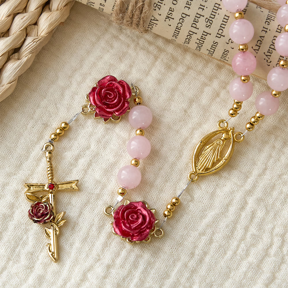 Rose Quartz Rosary with Enamel Roses: A Symbol of Faith & Unfailing Love