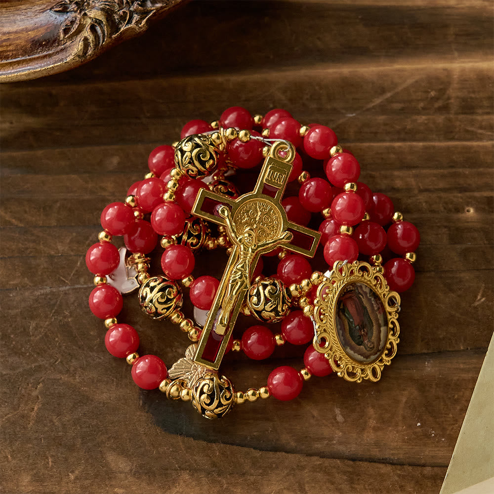 Holy Spirit Dove Rosary: Red Beads & Gold-Tone Crucifix for Prayerful Devotion