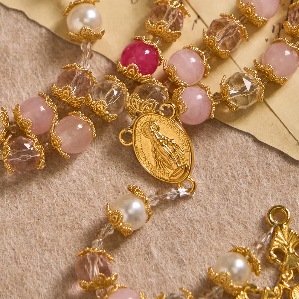 Pink-Tone Glass Devotion Rosary with Our Lady Medal & Crucifix: Sacred Love Woven in Elegant Craft