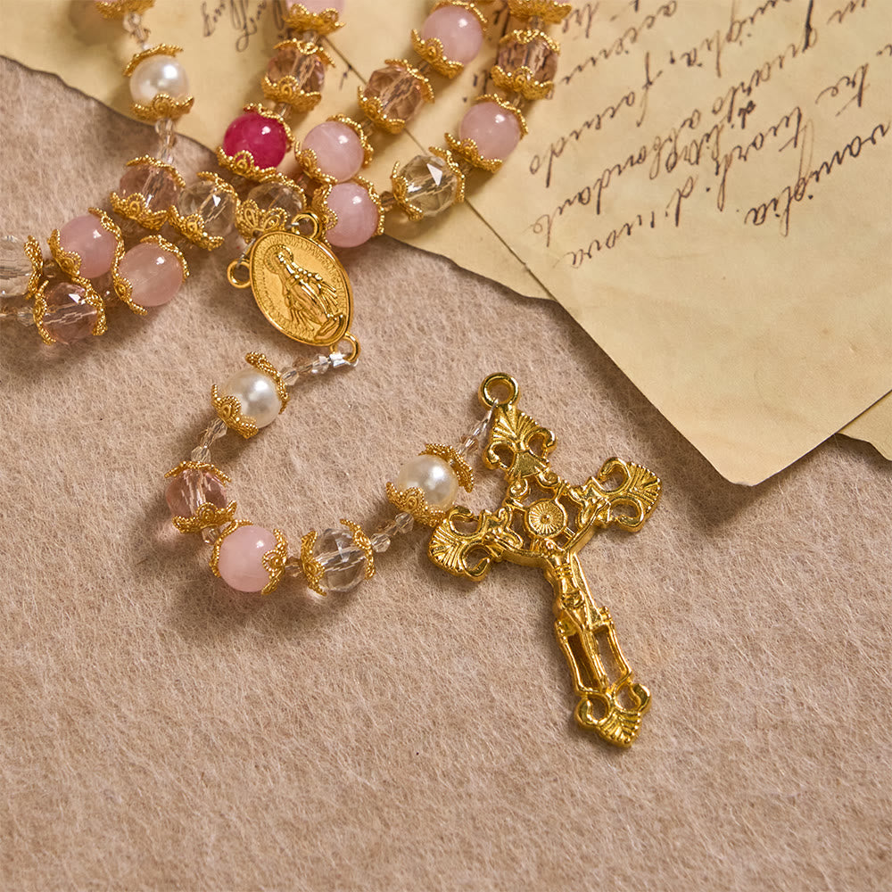 Pink-Tone Glass Devotion Rosary with Our Lady Medal & Crucifix: Sacred Love Woven in Elegant Craft