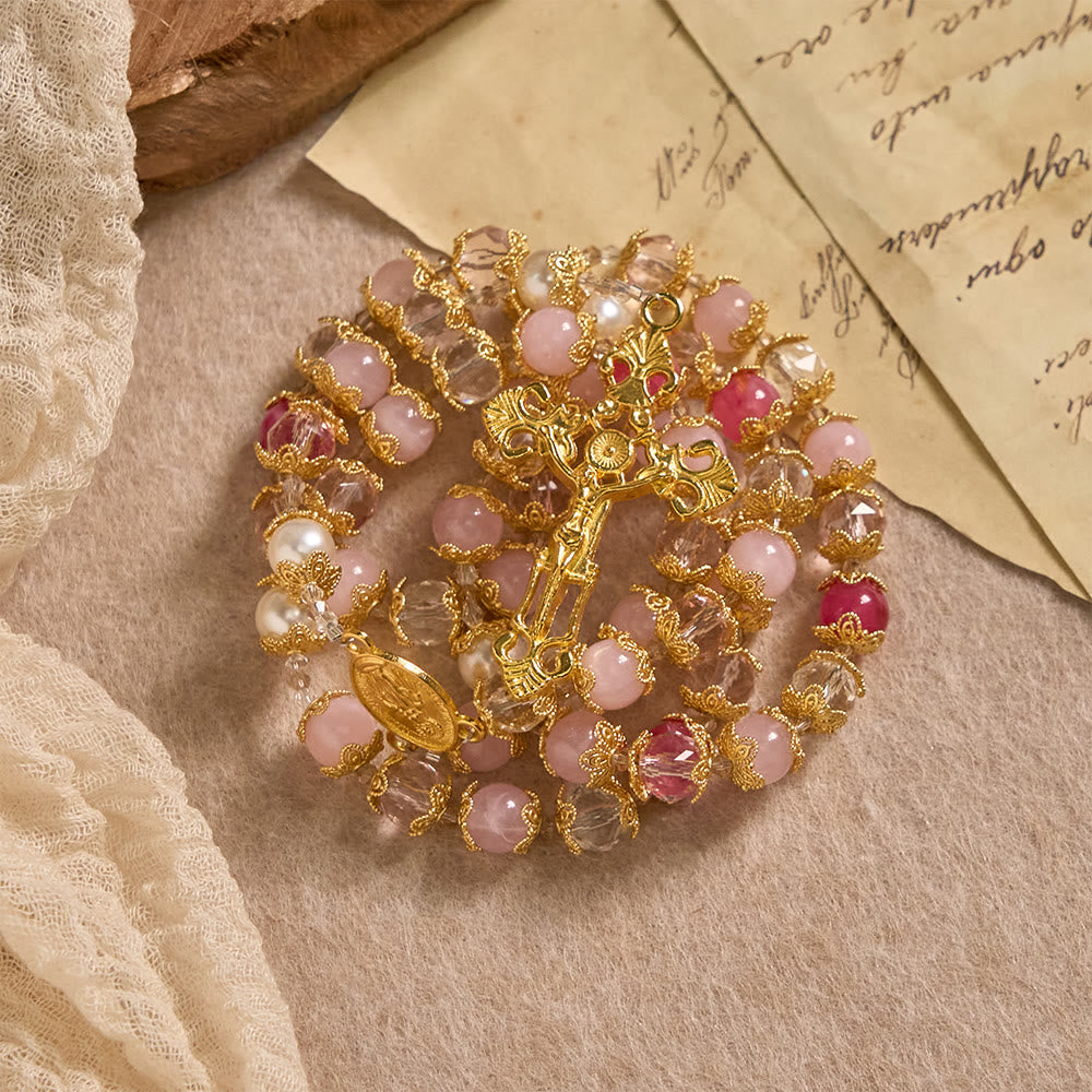 Pink-Tone Glass Devotion Rosary with Our Lady Medal & Crucifix: Sacred Love Woven in Elegant Craft