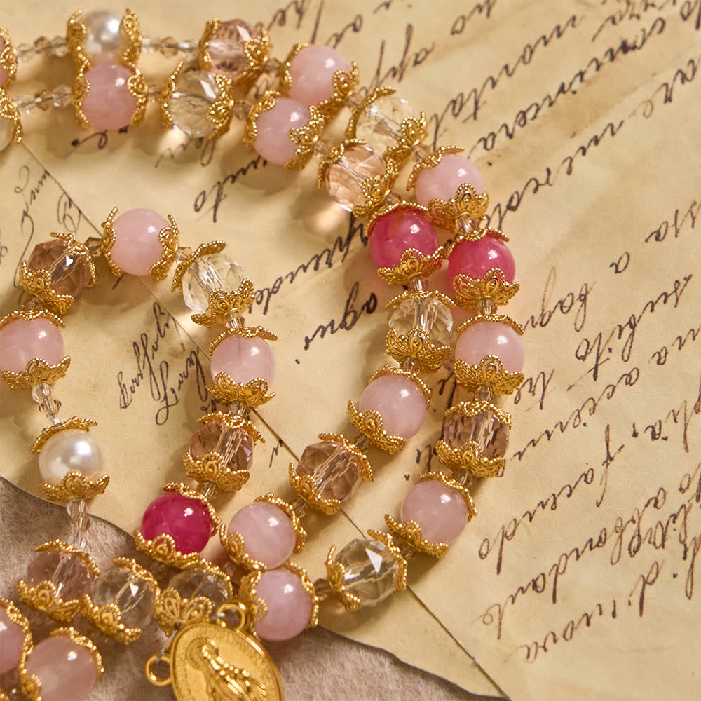 Pink-Tone Glass Devotion Rosary with Our Lady Medal & Crucifix: Sacred Love Woven in Elegant Craft