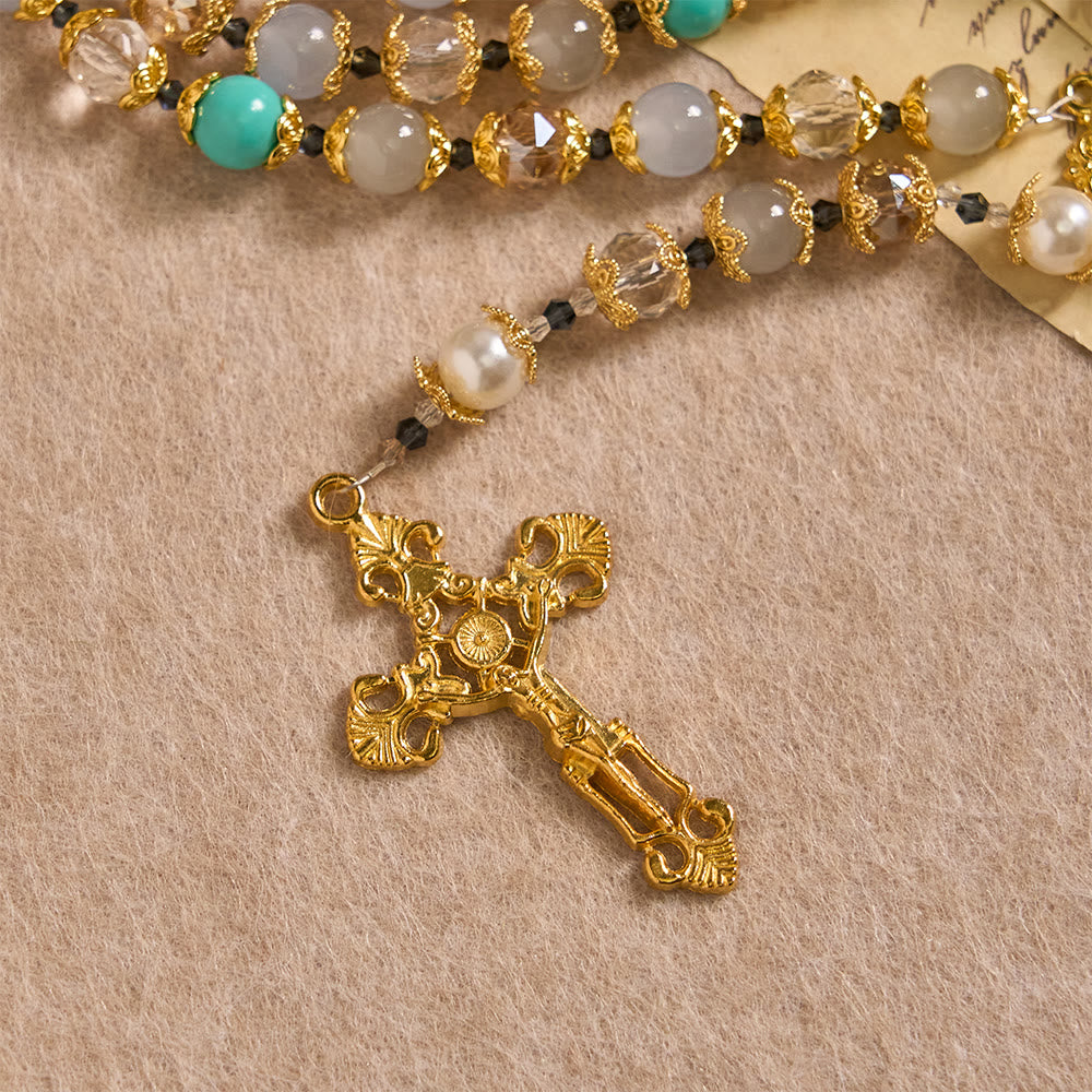 Blue-Tone Glass Bead Rosary with Our Lady Medal & Crucifix: A Symbol of Grace in Every Prayer