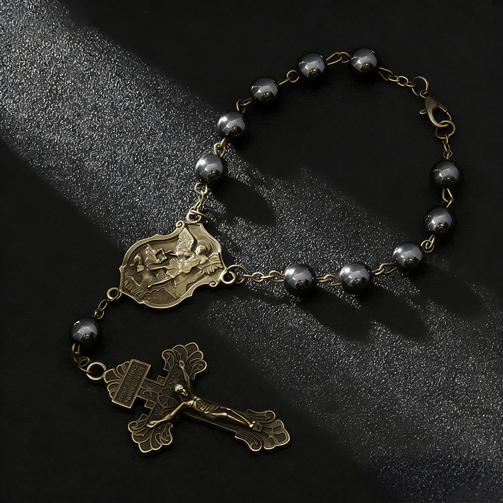 Hematite Bead Car Pendant with St. Michael Medal & Crucifix: A Gift of Heavenly Protection & Strength