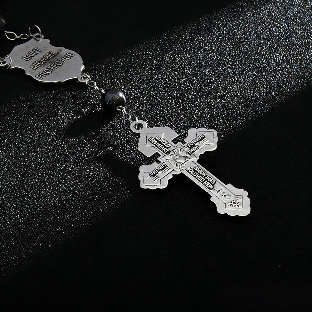 Hematite Bead Car Pendant with St. Michael Medal & Crucifix: A Gift of Heavenly Protection & Strength